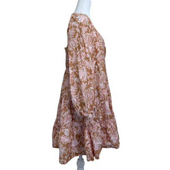 Roller Rabbit Printed Dress Long Sleeve Smocked Boho Cotton Silk Blend Womens L - Picture 2 of 8